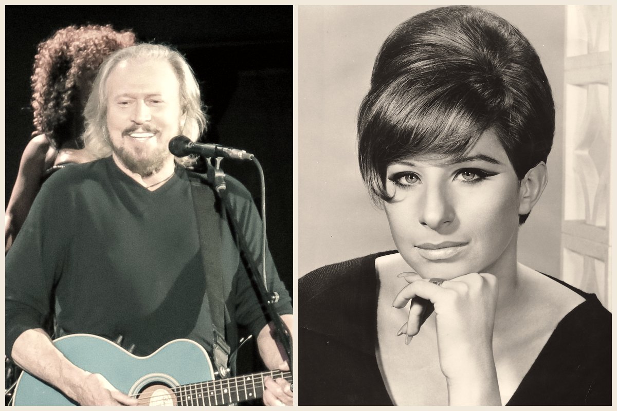 Photo collage of Barry Gibb smiling with an acoustic guitar at the Hollywood Bowl in 2014, and a 1960s black-and-white promotional portrait of Barbra Streisand