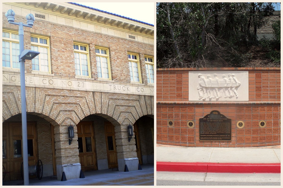 Photo collage: the brick facade of Engine Co. No. 27 in Hollywood, now the Los Angeles Fire Department Museum, and the Beach Boys Historic Landmark monument in Hawthorne, California