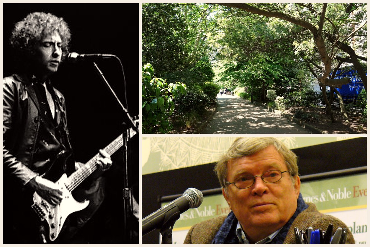 Photo collage: Bob Dylan playing electric guitar on stage in Toronto in 1980, a tree-lined path in Victoria Embankment Gardens in London, and filmmaker D. A. Pennebaker speaking at a microphone in 2007
