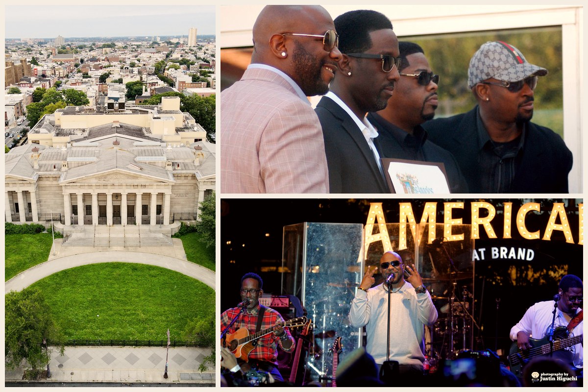 Photo collage: the Philadelphia High School for the Creative and Performing Arts building, the four members of Boyz II Men at their Hollywood Walk of Fame star ceremony in 2012, and Boyz II Men performing live in Glendale, California, in 2014