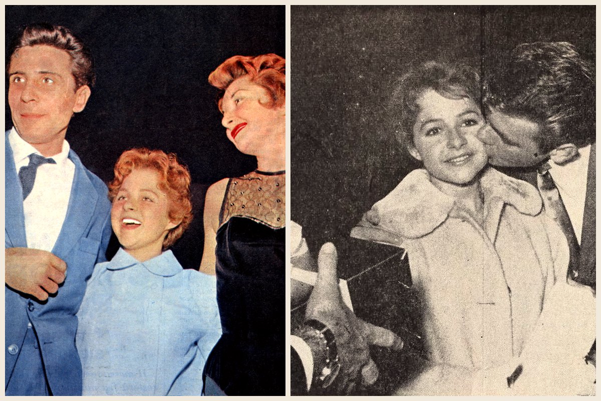 Photo collage of a young Brenda Lee laughing with Gilbert Bécaud at RAI in Milan in 1959, and being kissed on the cheek by Fabian in 1961