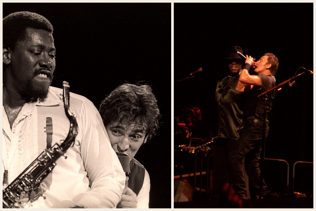 Photo collage: saxophonist Clarence Clemons with Bruce Springsteen leaning on his shoulder in a vintage black-and-white concert photo, and the two performing together on stage in Valladolid in 2009