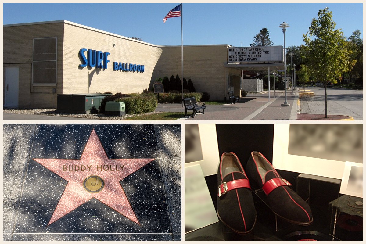 Photo collage: the Surf Ballroom in Clear Lake, Iowa, Buddy Holly's pink star on the Hollywood Walk of Fame, and Buddy Holly's black and red shoes on display at the Buddy Holly Center