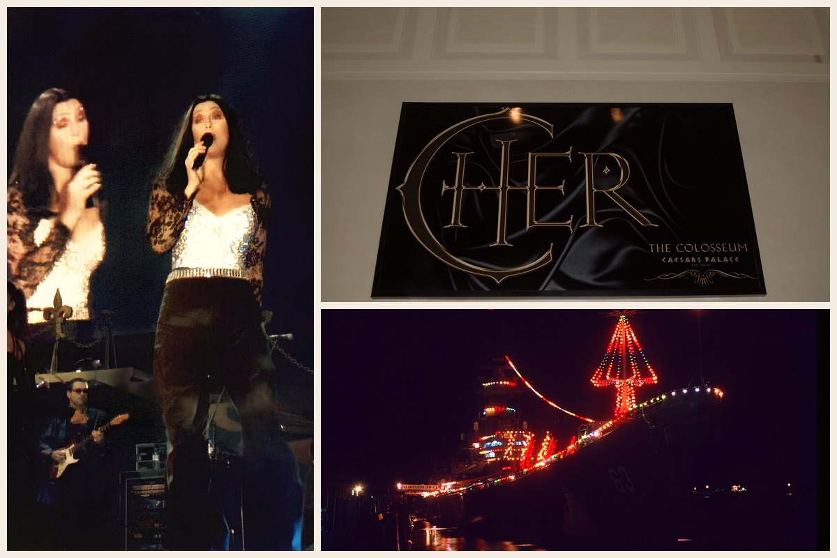 Photo collage: Cher singing in a long dress on stage in Rotterdam in 1999, the Cher sign at the Colosseum at Caesars Palace in Las Vegas, and the battleship USS Missouri decorated with colored holiday lights at night in Long Beach in 1987