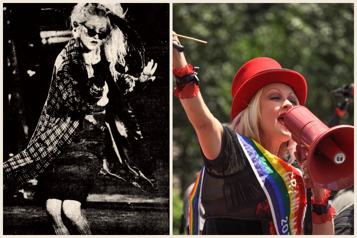 Photo collage of Cyndi Lauper performing in concert in 1984 and leading the 2012 NYC Pride Parade as grand marshal