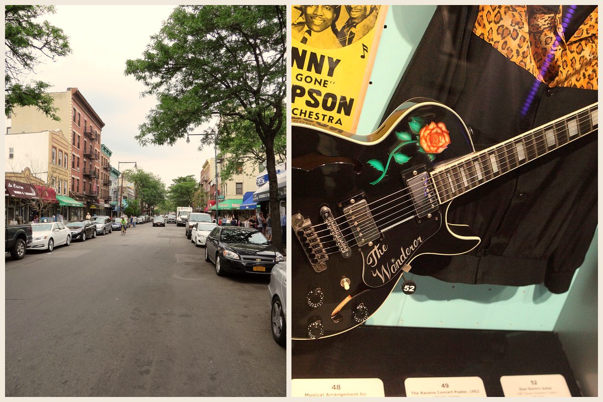 Photo collage of Arthur Avenue in the Belmont section of the Bronx and Dion's 1987 Gibson Wanderer Custom guitar on display at the Rock and Roll Hall of Fame