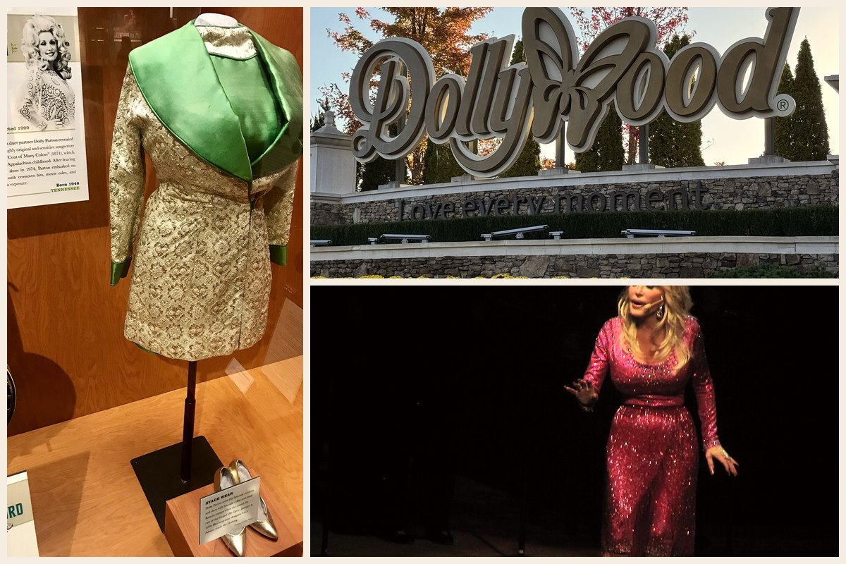Photo collage: Dolly Parton's 1969 Grand Ole Opry brocade dress with a green satin collar on display at the Country Music Hall of Fame, the Dollywood sign in Pigeon Forge, and Dolly in a sparkling pink gown on stage in 2011