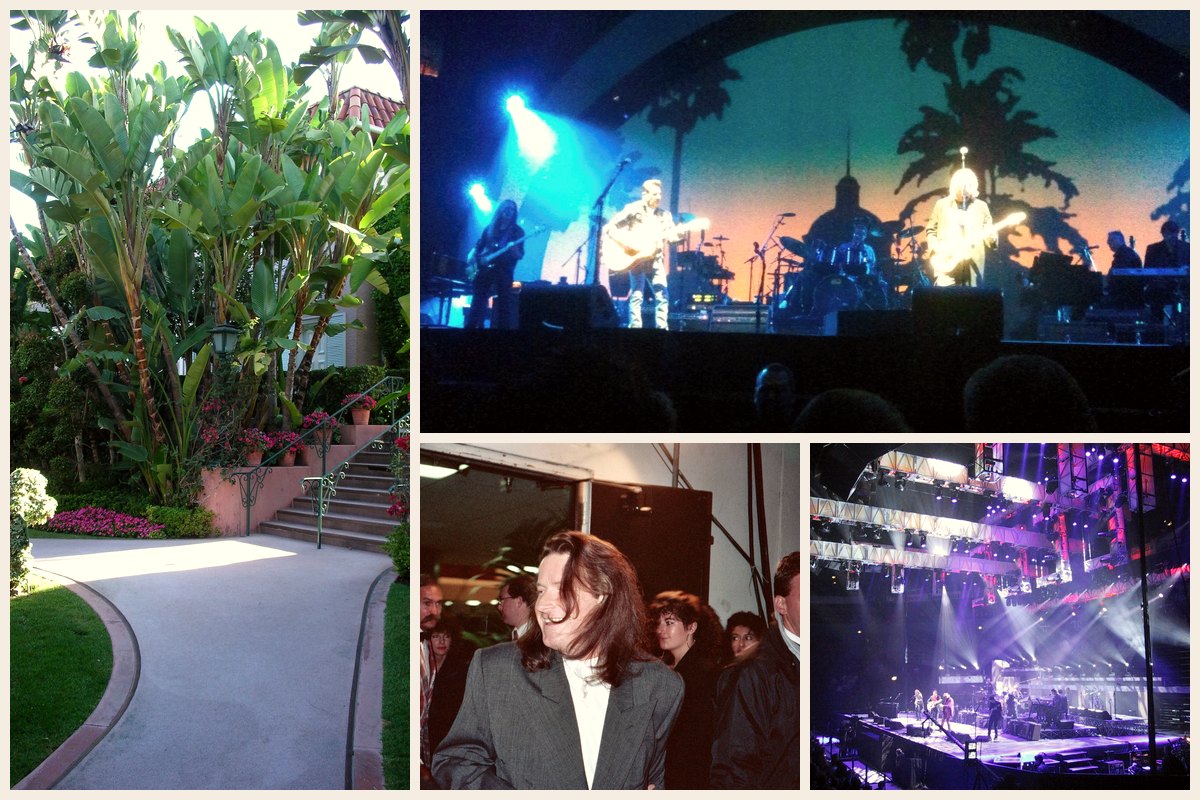 Photo collage: the garden path of the Beverly Hills Hotel, the Eagles performing Hotel California in front of a palm tree backdrop in 2010, Don Henley backstage at the 1990 Grammy Awards, and an Eagles arena concert in Helsinki