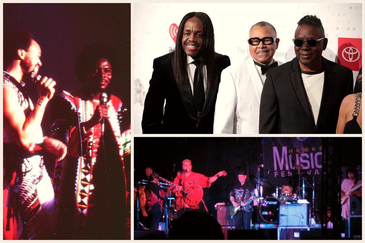 Photo collage: Maurice White and Philip Bailey singing together on stage in 1982, Verdine White, Ralph Johnson and Philip Bailey on a red carpet in 2023, and Earth, Wind & Fire performing at a Norwegian music festival in 2004