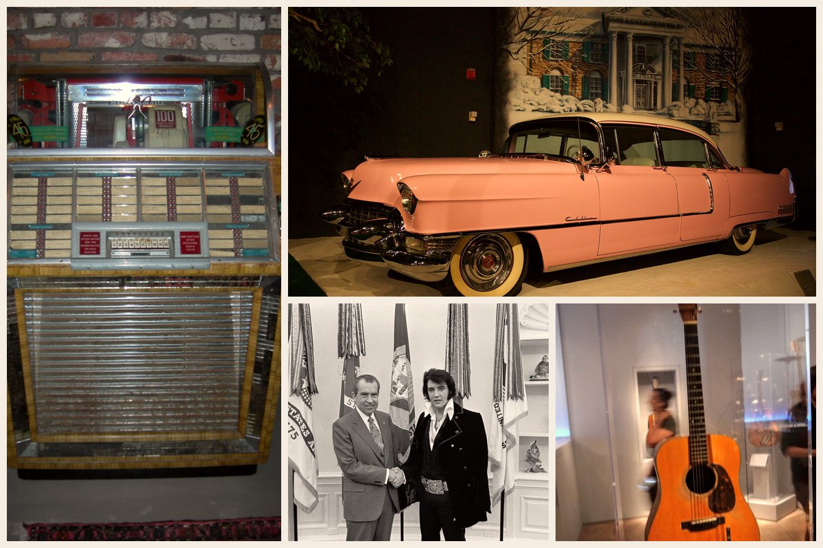 Photo collage: a vintage Seeburg jukebox, Elvis Presley's pink Cadillac at Graceland, Elvis shaking hands with President Nixon in 1970, and Elvis's 1942 Martin D-18 acoustic guitar on display