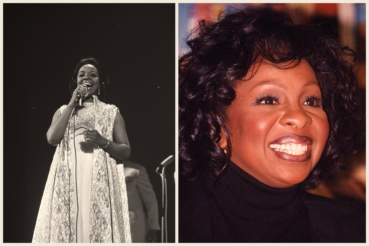 Photo collage of Gladys Knight singing on stage at the Grand Gala du Disque in 1969 and smiling at a book signing in Washington, D.C., in 1997