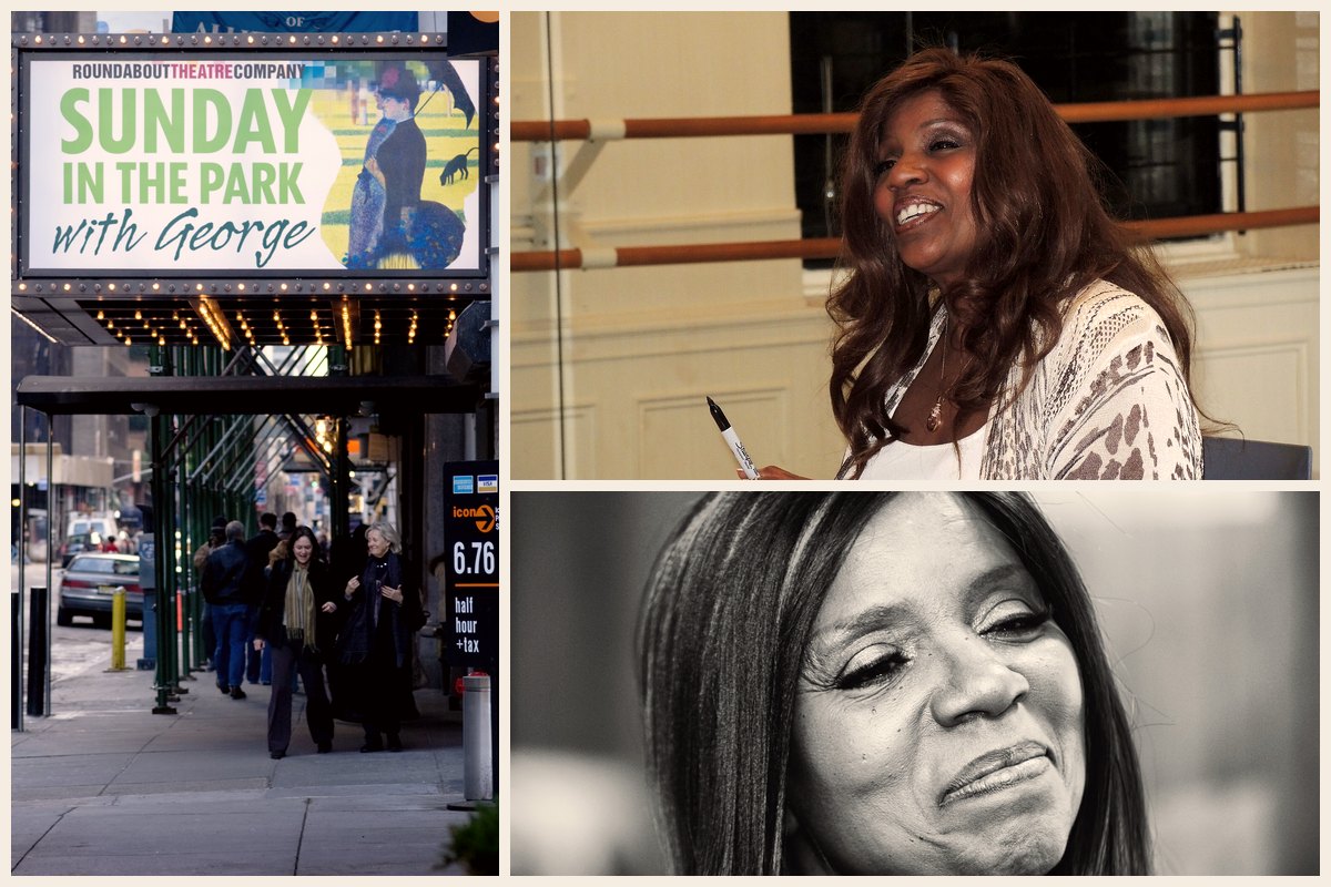 Photo collage of the marquee and entrance of the Studio 54 building in New York City, Gloria Gaynor smiling with a marker in hand at a 2014 book signing, and a black and white close-up portrait of Gloria Gaynor