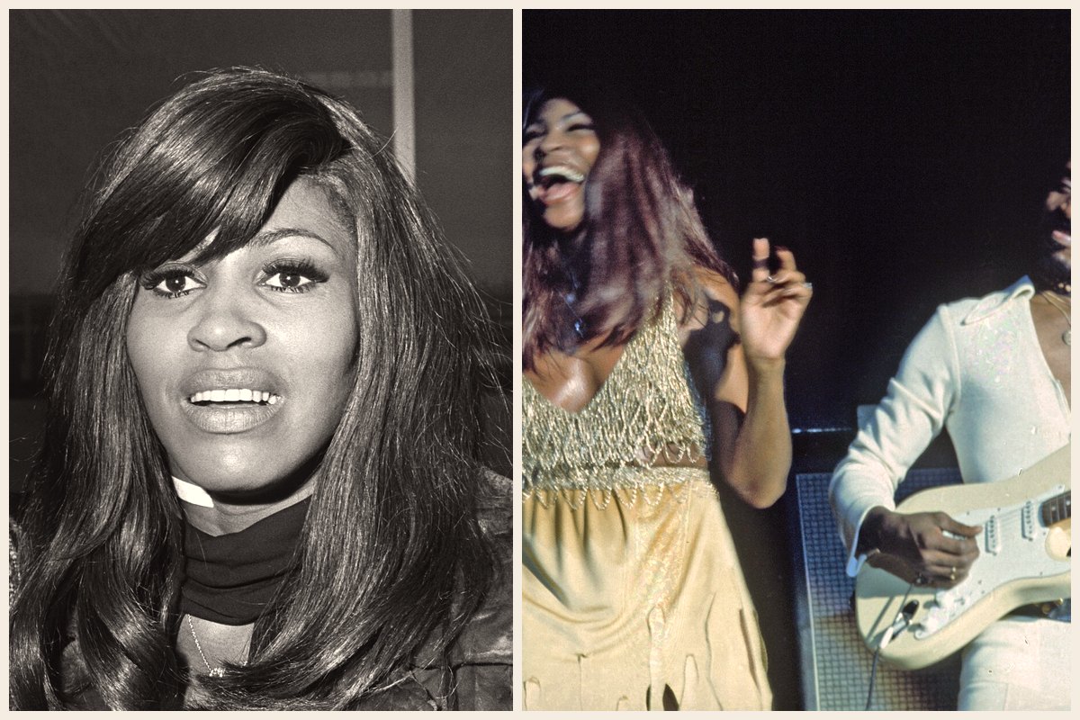 Photo collage of Tina Turner smiling in a fur-trimmed coat at Amsterdam's Schiphol Airport in 1971, and Ike and Tina Turner performing together on stage in Hamburg in 1972