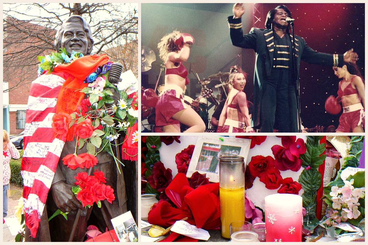 Photo collage of the James Brown statue in Augusta, Georgia covered in flowers and flags after his death in December 2006, James Brown performing with dancers around 1996, and a memorial of candles and red roses