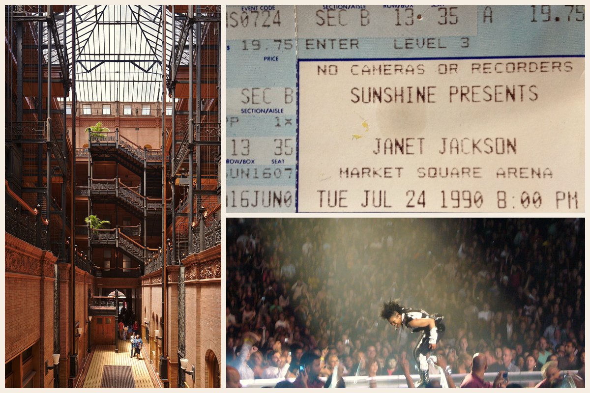 Photo collage: the iron staircases and skylight of the Bradbury Building in Los Angeles, a ticket stub for a Janet Jackson concert at Market Square Arena on July 24, 1990, and Janet Jackson performing above a crowd in Vancouver in 2008