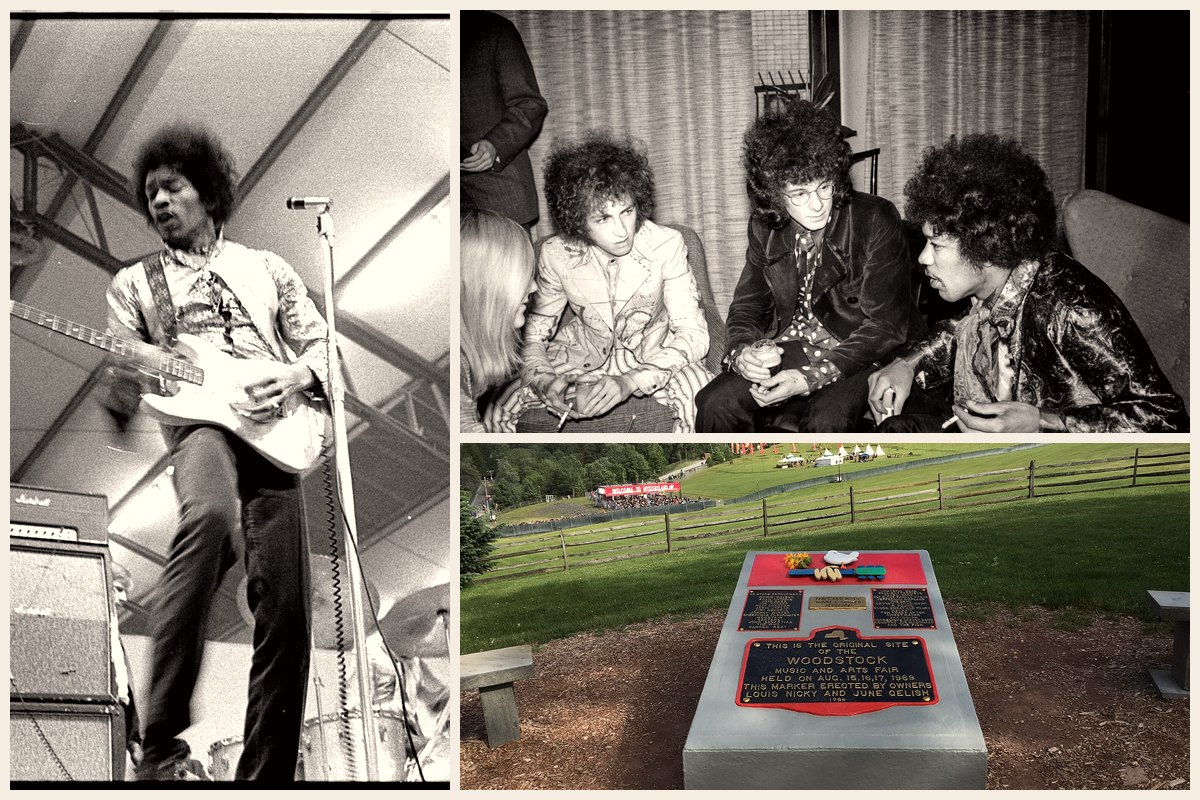 Photo collage of Jimi Hendrix performing on a stage in Rotterdam in 1967, Hendrix backstage in Helsinki in 1967, and the stone monument marking the 1969 Woodstock festival site in Bethel, New York