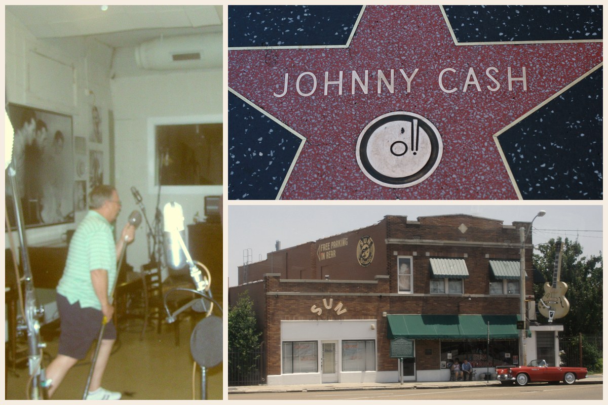 Photo collage: Johnny Cash's star on the Hollywood Walk of Fame, the brick front of Sun Studio in Memphis with its guitar sign, and visitors touring the small Sun Studio recording room