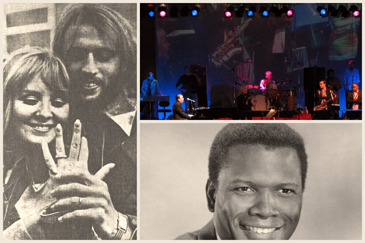 Photo collage: Lulu smiling with Maurice Gibb around 1970, Lulu guesting at a Jools Holland concert in 2007, and a publicity portrait of actor Sidney Poitier
