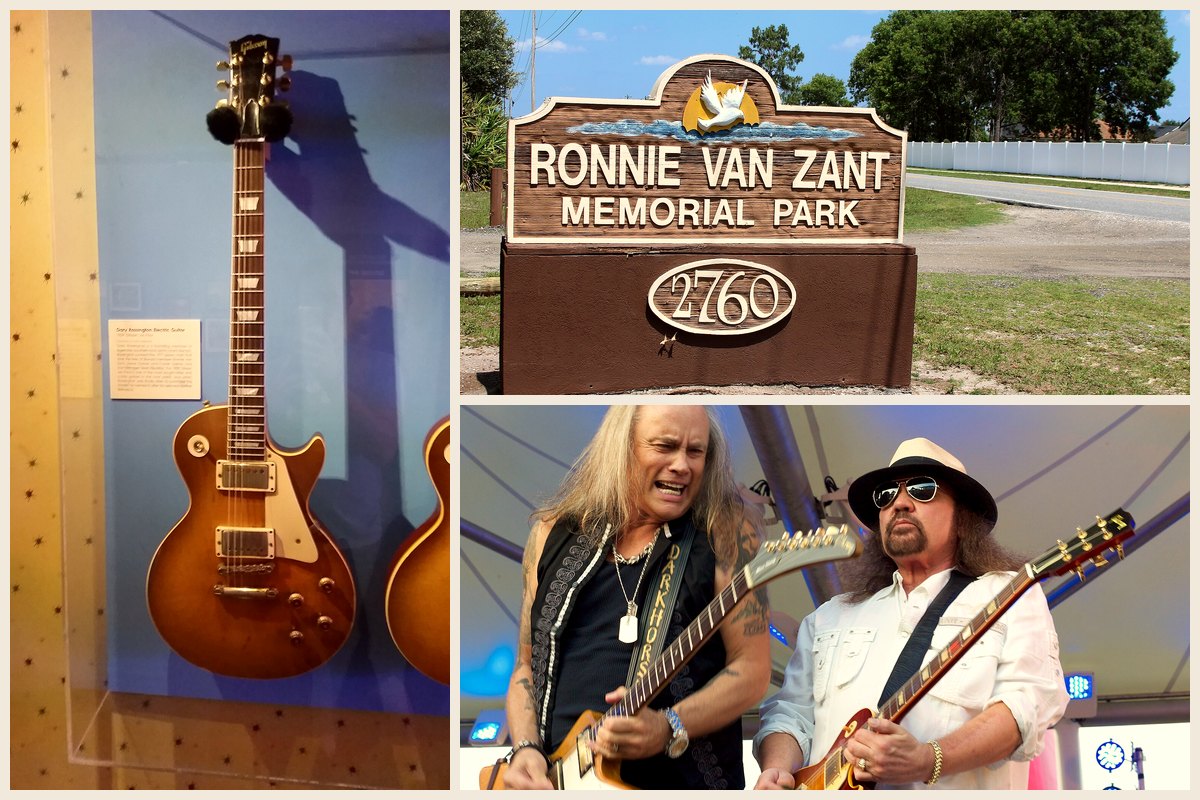 Photo collage of the Lynyrd Skynyrd legacy: Gary Rossington's 1959 Gibson Les Paul on display at the Rock and Roll Hall of Fame, the Ronnie Van Zant Memorial Park sign in Florida, and Rickey Medlocke and Gary Rossington playing guitar on stage in 2011