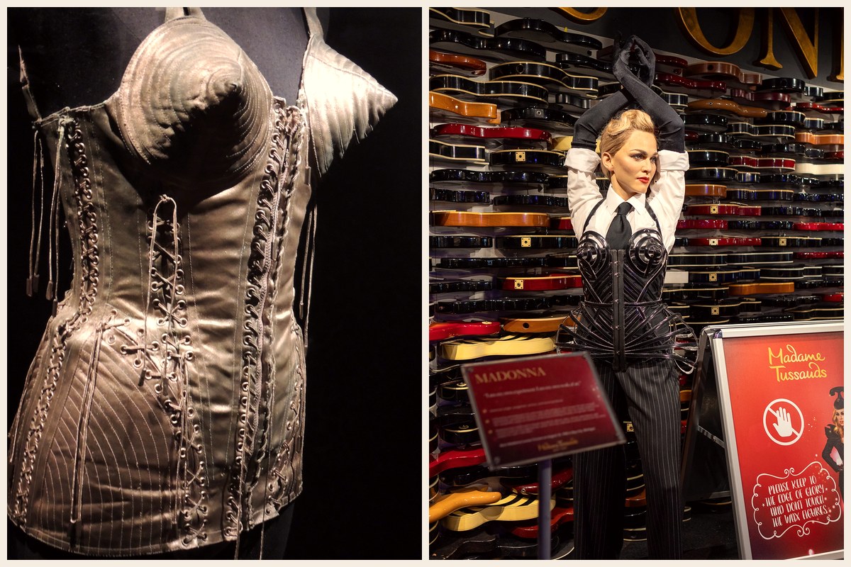 Photo collage: Madonna's cone-bra corset by Jean Paul Gaultier from the 1990 Blond Ambition Tour on display, and a Madame Tussauds wax figure of Madonna in a pinstripe suit with a corset at Hard Rock Cafe in New York