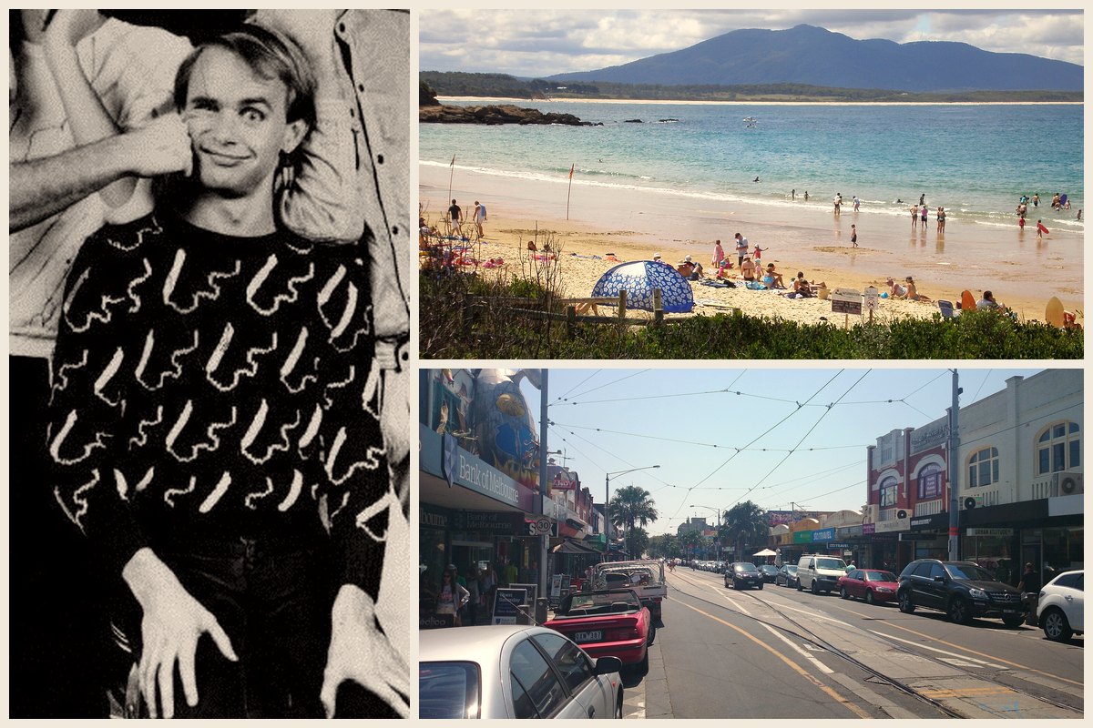 Photo collage of Men at Work saxophonist Greg Ham in 1983, Bermagui Beach on the New South Wales south coast, and Acland Street in St Kilda, Melbourne