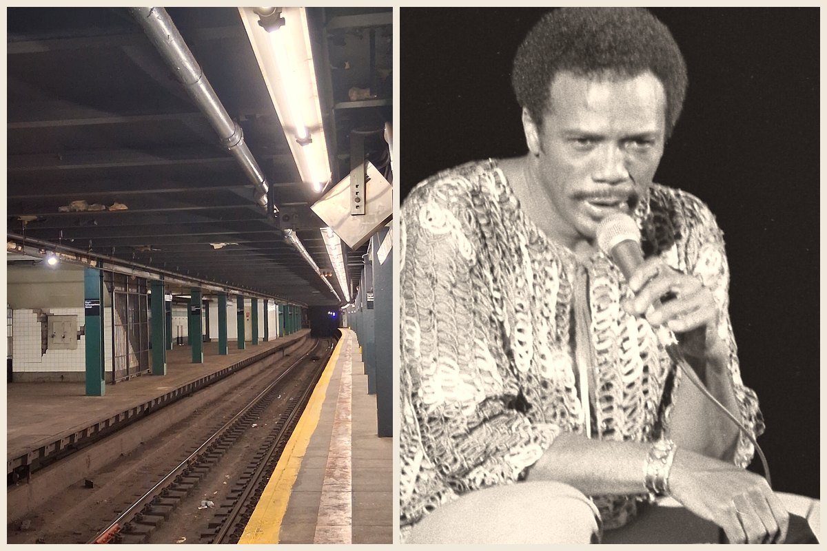 Photo collage of the Hoyt–Schermerhorn Streets subway station platform in Brooklyn and Quincy Jones singing into a microphone on stage in 1975