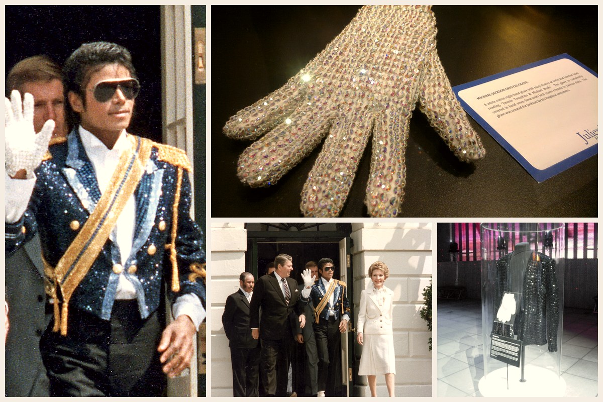 Photo collage: Michael Jackson waving with his white sequined glove at the White House in 1984, his crystal glove in an exhibition, Jackson with the Reagans, and a sequined jacket and glove in a display case
