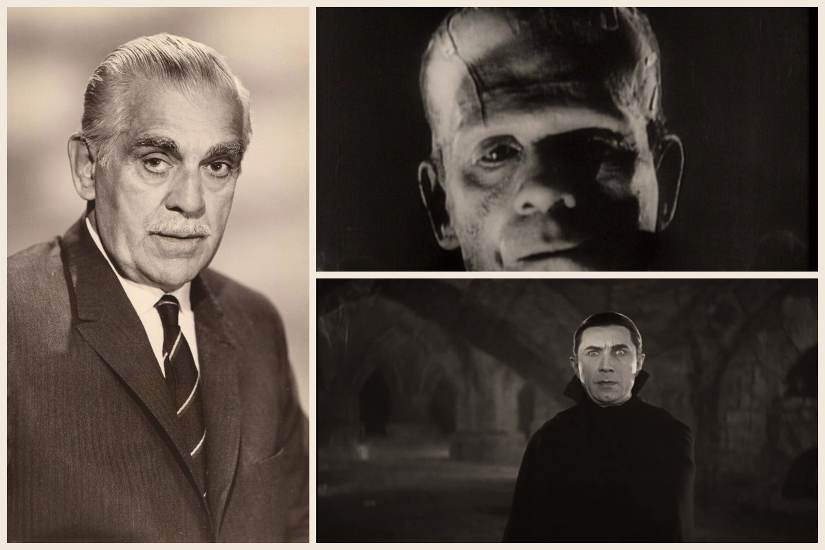 Photo collage of the horror stars Bobby Pickett imitated: Boris Karloff in a 1961 NBC portrait, Karloff as the monster in the Bride of Frankenstein trailer, and Bela Lugosi as Dracula in the 1931 trailer