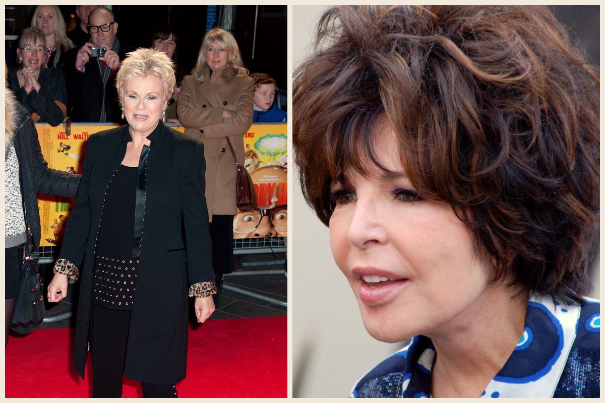 Photo collage of Julie Walters on a red carpet in 2014 and songwriter Carole Bayer Sager at a Hollywood Walk of Fame ceremony in 2013
