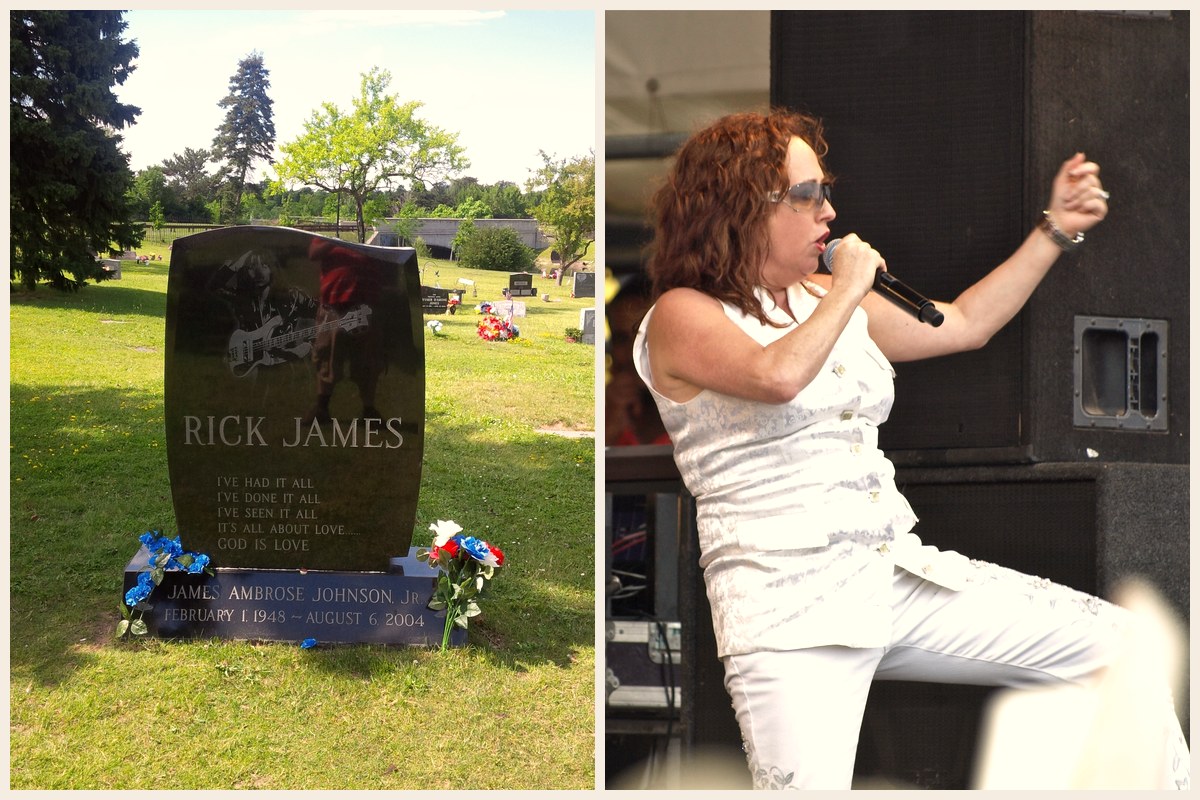 Photo collage: Rick James's black granite headstone at Forest Lawn Cemetery in Buffalo, New York, and singer Teena Marie performing on stage in white