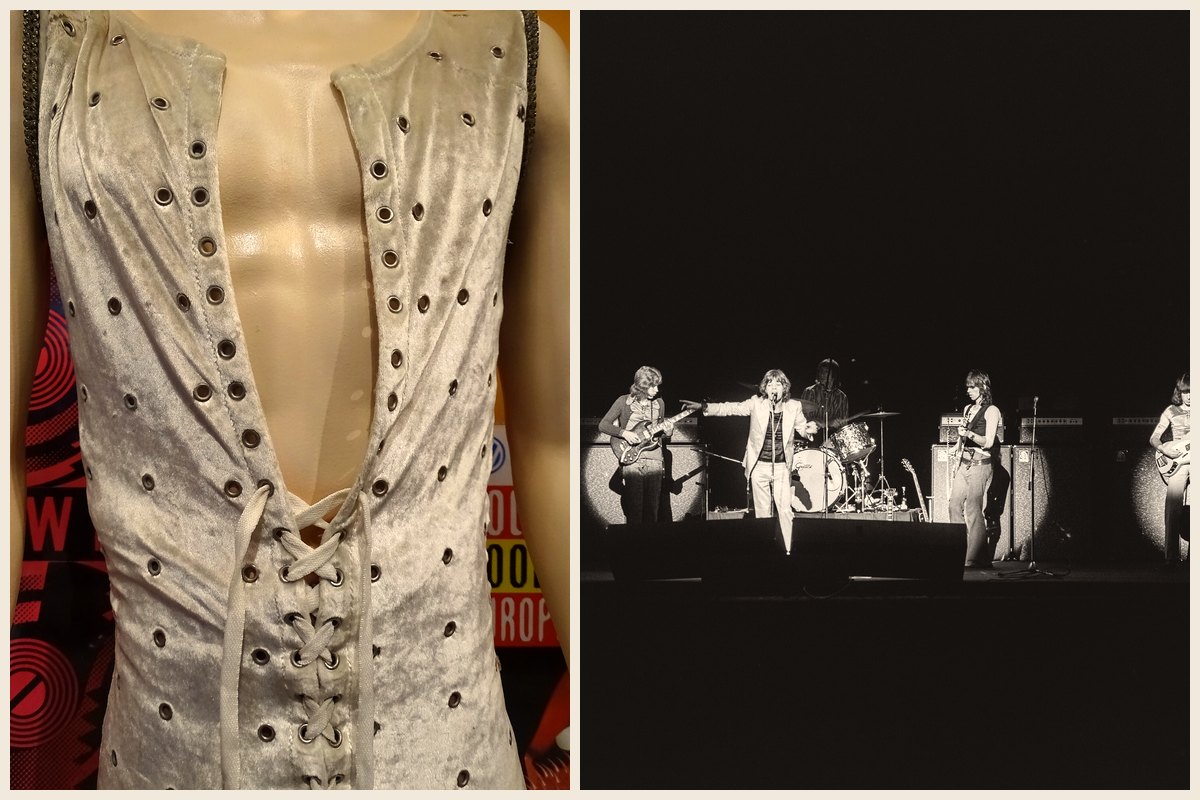 Photo collage: Mick Jagger's white laced jumpsuit from the 1972 tour on display at the Rock and Roll Hall of Fame, and the Rolling Stones performing on a dark stage at Helsinki Olympic Stadium in 1970