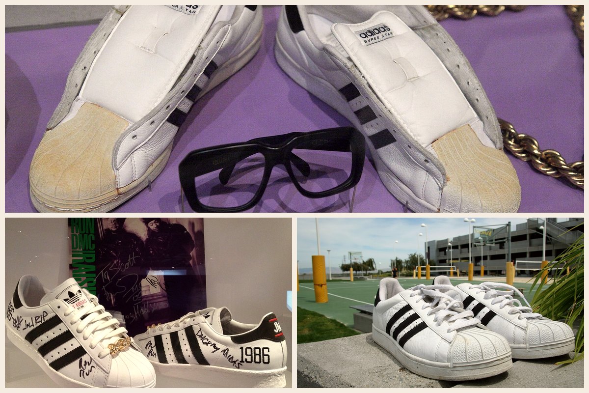 Photo collage: DMC's white Adidas Superstar sneakers and black glasses displayed at the Rock and Roll Hall of Fame, a pair of signed Run-DMC Adidas sneakers marked 1986 at the Bata Shoe Museum, and a pair of white Adidas Superstar shell-toe sneakers