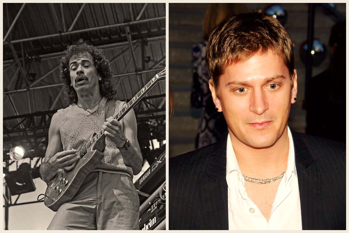 Photo collage of Carlos Santana playing guitar on stage in Hamburg in 1984 and Rob Thomas at the Tribeca Film Festival in 2010