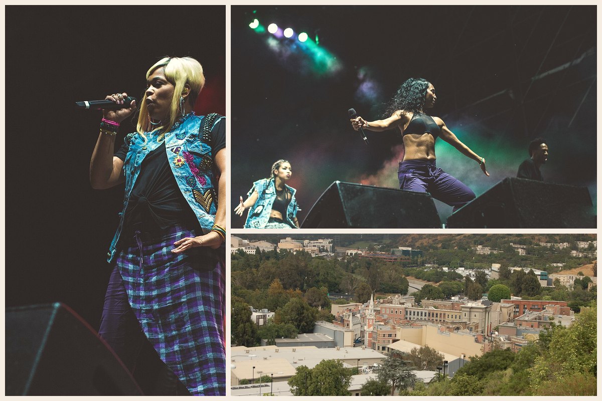 Photo collage: T-Boz singing on stage, TLC performing under colorful stage lights in Toronto in 2016, and a view over the Universal Studios Hollywood backlot where the Waterfalls video was filmed